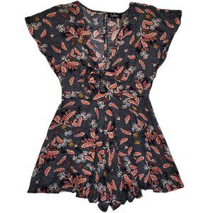 Lulus Boho Navy Floral Leaf Print Flutter Sleeve Tie Front Romper Womens Large